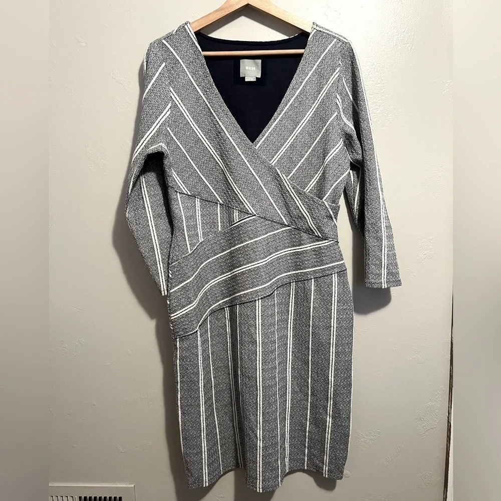 Anthropologie Maeve Striped V-neck Surplice 3/4 Sleeve Cotton Blend Dress - Picture 1 of 13